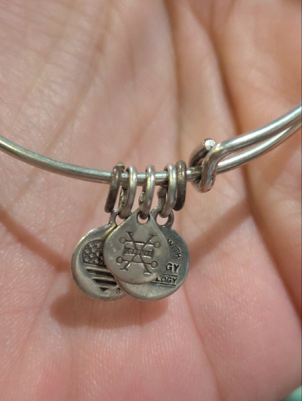 Alex and Ani Silver Tone Adjustable Charm Bangle with Double Disc Charms